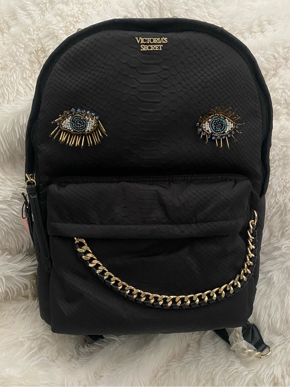 Victoria's Secret Black Beaded Eye Backpack with Gold Chain